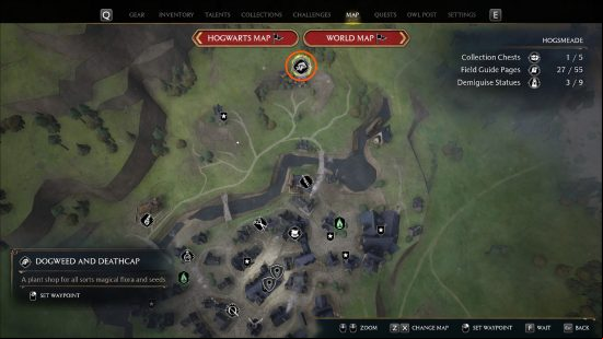 Hogwarts Legacy Dogweed and Deathcap location: An image of the in-game map with the Dogweed and Deathcap location highlighted to the North of Hogsmeade