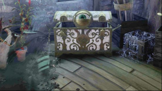 Hogwarts Legacy chest with eyes: the eyeball chest unlocked with an invisible student in front of it
