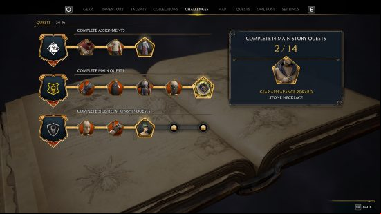 Hogwarts Legacy how long is length: the challenge menu displaying the number of quests the player has completed
