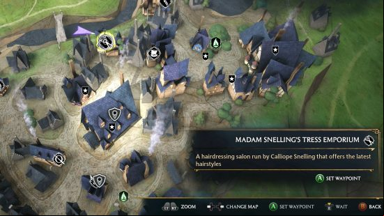 Hogwarts Legacy how to change appearance: The Hogwarts Legacy map of Hogsmeade, which shows Madam Snelling's salon highlighted with a scissors icon.