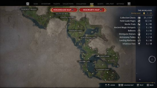Hogwarts Legacy map: The bottom section of the map