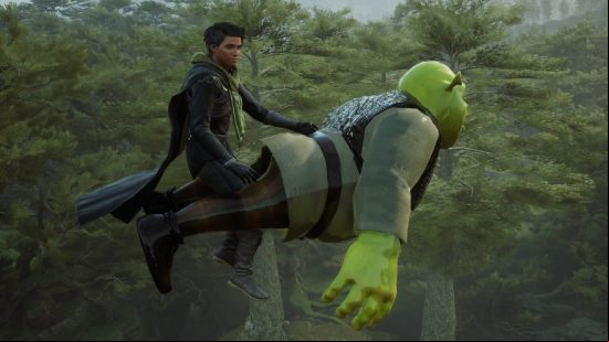 Best Hogwarts Legacy mods 2023: a wizard rides the back of Shrek the ogre