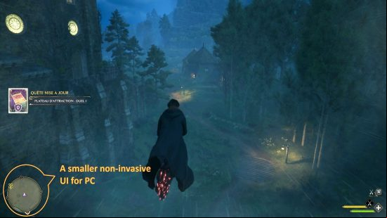 Best Hogwarts Legacy mods 2023: a wizard rides a broom through a dark forest