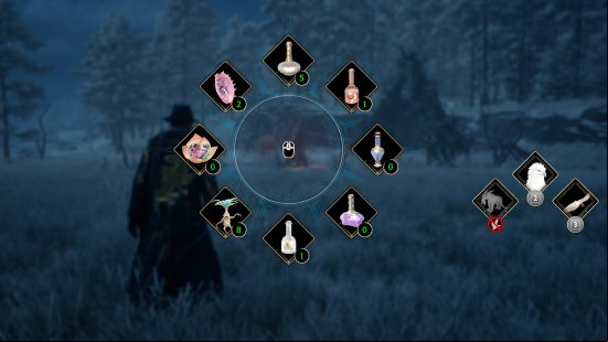 Hogwarts Legacy potions: the in-game wheel showing potions and other items to use in combat