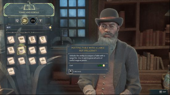 Hogwarts Legacy large pot: the shopping menu in Tomes and Scrolls showing a potting table with a large pot
