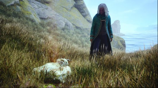 Hogwarts Legacy troll bogeys: a Slytherin student standing in front of a pile of troll bogeys on tall grass
