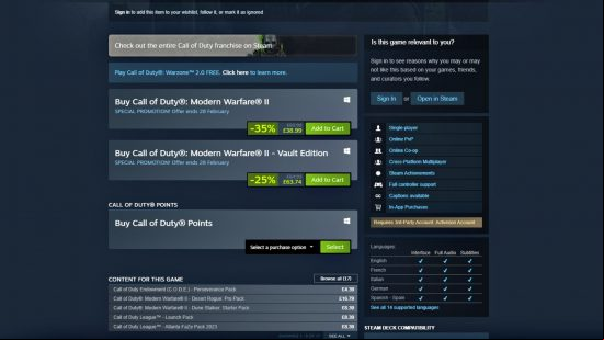 Big Call of Duty and Modern Warfare 2 Steam sale brings down prices