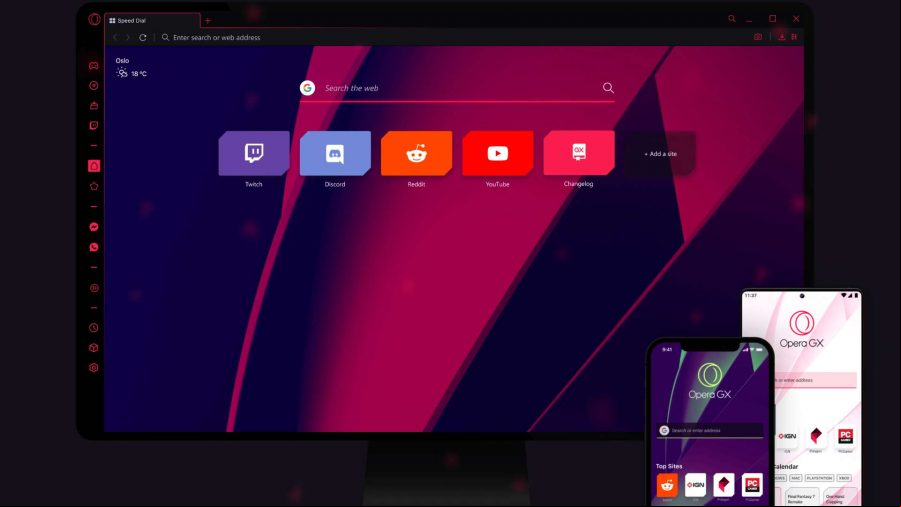 Promo shots of Opera GX being used on desktop and mobile