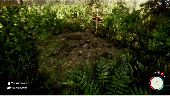 Sons of the Forest grave: The digsite at the Sons of the Forest purple marker grave, which holds the shotgun, and is marked by a small wooden cross