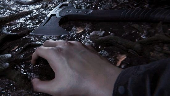 Sons of the Forest weapons: The protaganist lies on the ground, his hand rests near an axe.