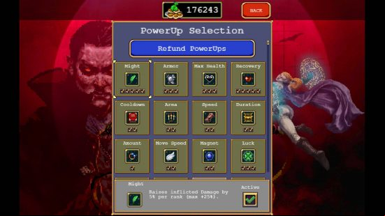 The Vampire Survivors power ups screen showing all of the available to upgrade perks that can appear in-game.