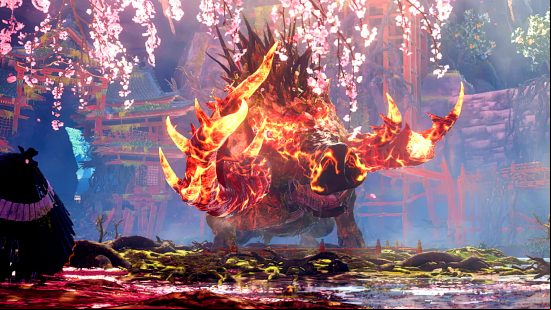 Wild Hearts monsters - a giant, flaming boar under a sakura tree