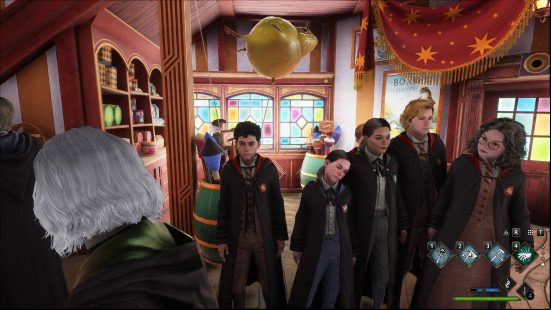 Best Hogwarts Lgacy mods: a group of schoolchildren gather inside a colour ful shop.