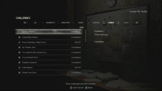 Resident Evil 4 Remake achievements - the challenge list for Combat.