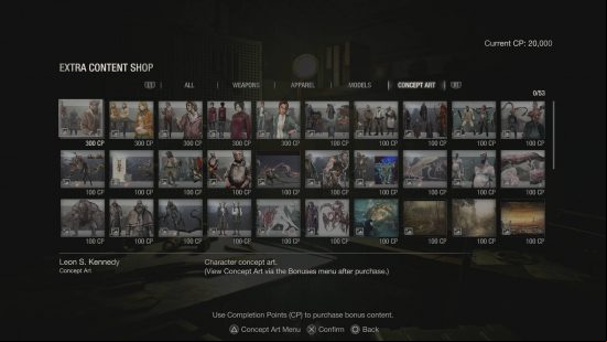 Resident Evil 4 Remake unlockables - the concept art extra content shop.