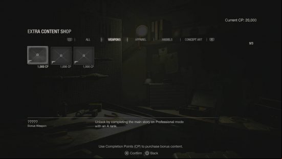 Resident Evil 4 Remake unlockables - the weapons extra content shop. No weapons are unlocked at this time.
