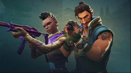 A tanned, muscular man with floppy hair in a topknot looks down gun sights into the camera standing next to an African woman wearing a purple cloak trimmed with gold with a dreadlock mohawk