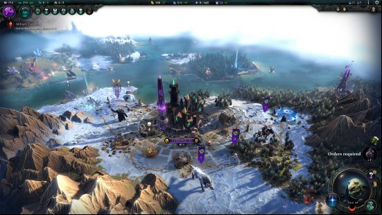 A birds eye view of a mountainous world map with a huge black citadel in the middle