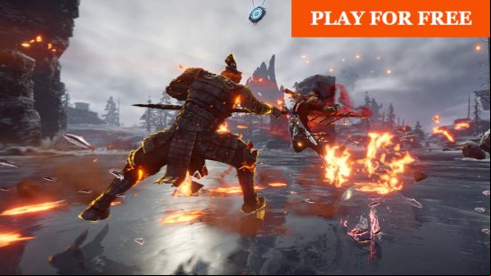 Best sword games: Two people fighting with melee weapons in Naraka Bladepoint.