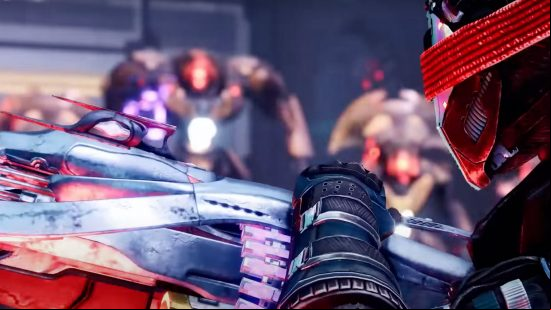 Destiny 2 Deterministic Chaos exotic guide - get the Void machine gun: A Guardian holds the machine gun while holding off Vex enemies.