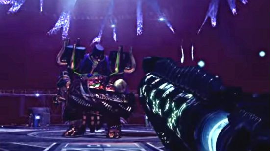 Destiny 2 Lightfall Calus boss fight: The glowing runes of the Witherhoard grenade launcher are visible on its barrel as a Guardian takes aim at Calus, a sinister, giant figure holding a heavy gun.