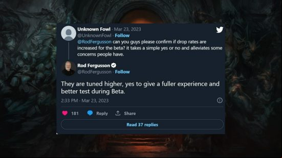 Diablo 4 beta drop rates won't be like this at launch: A Twitter comment thread asking Rod Fergusson about Diablo 4 beta drop rates