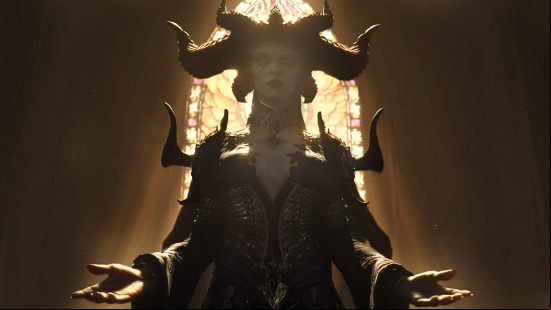 Diablo 4 beta - The demon Lilith raises her hands in a welcoming gesture, framed by light flooding through a church's stained glass window behind her