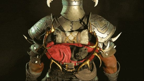Diablo 4 beta preload - here's how to access Blizzard's new RPG game: A small wolf pup sleeps inside a little basket mounted on the front of a suit of armour in Blizzard RPG game Diablo 4