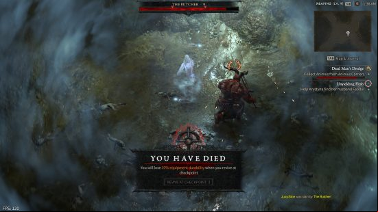 Diablo 4 beta - screenshot taken just after a character has died to The Butcher, a giant demon with a cleaver and meat hook. The text on-screen reads, "You have died."