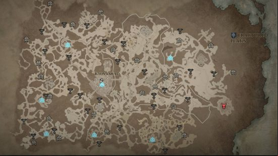 Diablo 4 map: an old style map with a single large red marker denoting the location of a very strong enemy.