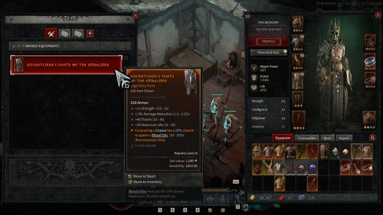 A screenshot from the Diablo 4 beta showing a player accessing a missed legendary item in their stash