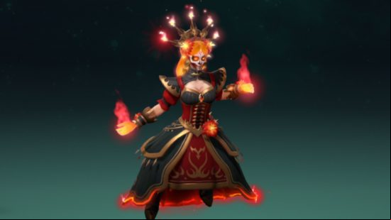 A day of the dead woman floating wearing a black and red dress holding fire in her hands with a spiked crown tipped with flames on her head