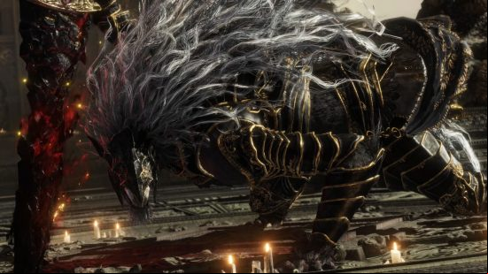 Elden Ring bosses: Malekith, an anthropomorphic beast on all fours dressed in plate mail and wielding a bloody black blade wreathed in a crimson aura.