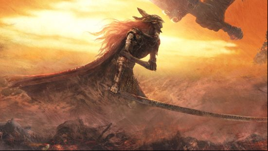 Elden Ring bosses: Malenia is clutching her sword arm as Starscourge Radahn falls off-screen.