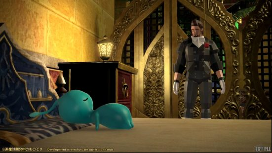 FFXIV 6.4 patch details - a blocky Hildibrand looks at a small cyan sprite lying on a bed
