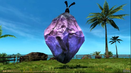 FFXIV 6.4 patch details - a Spriggan atop a giant, floating purple crystal in a field