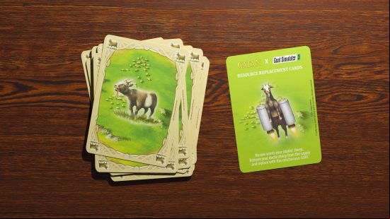 A set of Goat Simulator 2 Catan cards with Pilgor on them instead of sheep