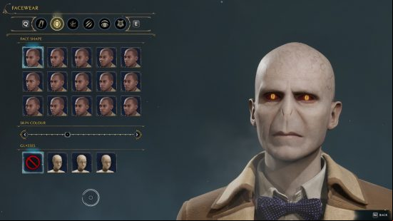 Hogwarts Legacy mods: a featureless evil wizard with pale skin and glowing orange eyes.