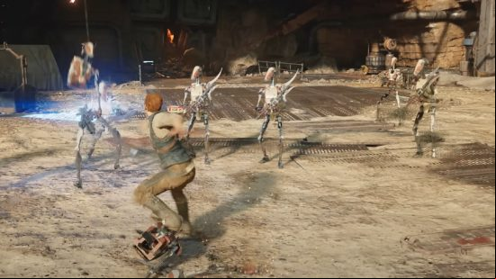 Star Wars Jedi Survivor enemies: a group of droid enemies are taken being destroyed by a man with a laser sword.