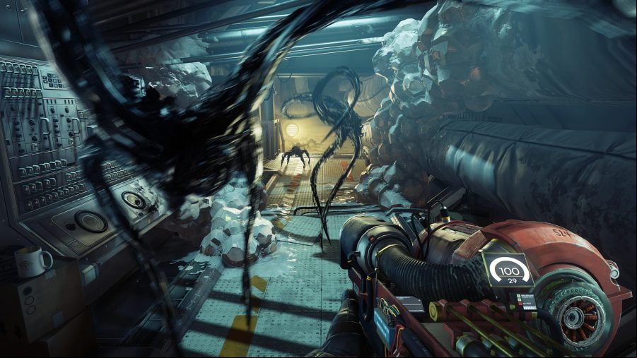 Prey: monsters attack Morgan while they are holding a sci fi gun in FPS game Prey