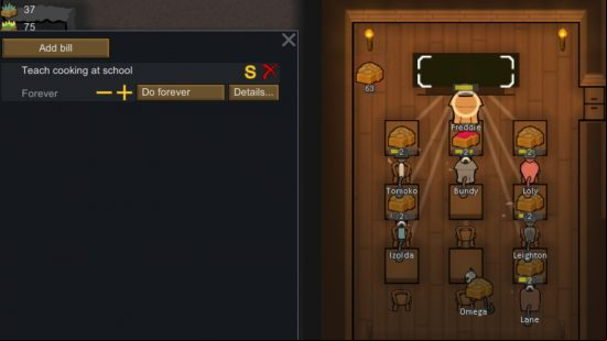 Children learning how to cook from a teacher thanks to one of the best Rimworld mods.