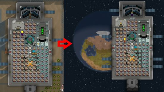 Two different views of a colony ship, the one on the right is in space, made possible only by one of the best Rimworld mods.