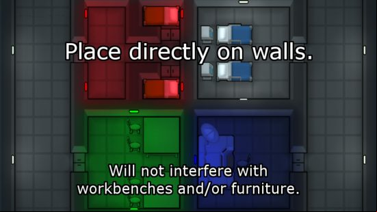 Lights showcasing how you can place items directly on walls in one of the best Rimworld mods.