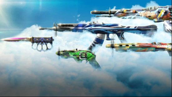 Valorant skins: the altitude skin set, a colourful set of weapon skins, displayed on a background of white clouds on blue sky,