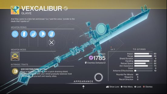 Destiny 2 Lightfall exotics: a glowing blue long futuristic looking spear.