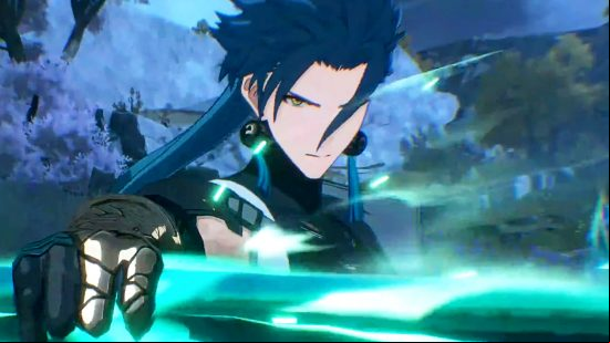 Wuthering Waves - a character with swept-back blue hair holds up an aquamarine energy blade