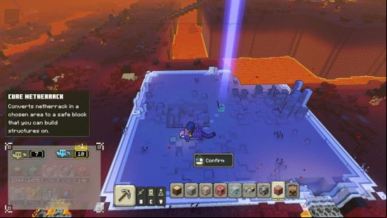 Best Minecraft Legends upgrades: a blue area highlights a potential building.