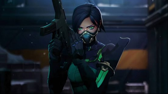 A woman with black hair in a bob wearing a gas mask walks towards the camera holding a rifle