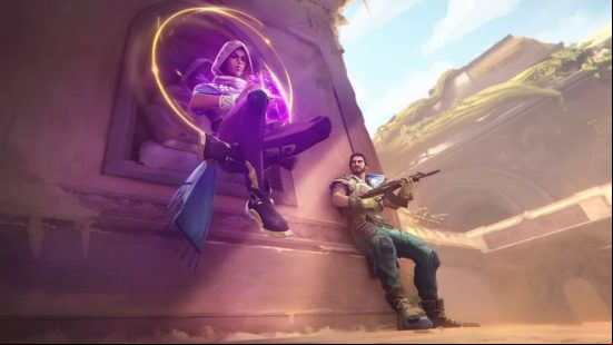 A black woman wearing a purple hood floats in the air with her legs crossed as golden stars circle around her head while a tanned man with a gun watches from the side