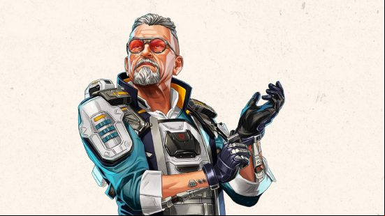 An augmented man with short greay hair and red sunglasses fiddles with the piece of technology embedded in his left forearm.